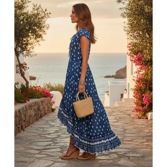 Jen's Pirate Booty Blue Paisley Print Boho High Low Maxi Dress Coastal Cowgirl S